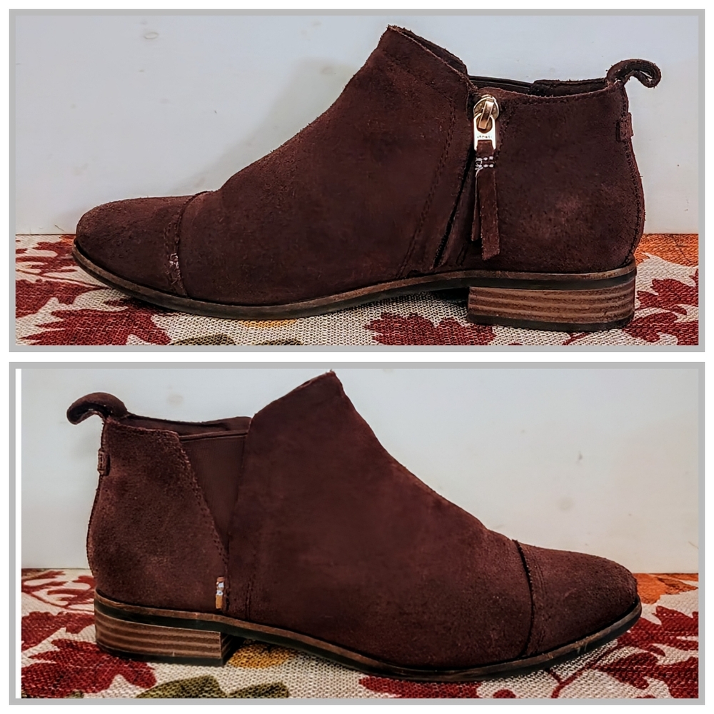 TOMS Brown Suede Ankle Boots Side Zip Comfort Low Heel Women's Chelsea 7.5 - Picture 3 of 15